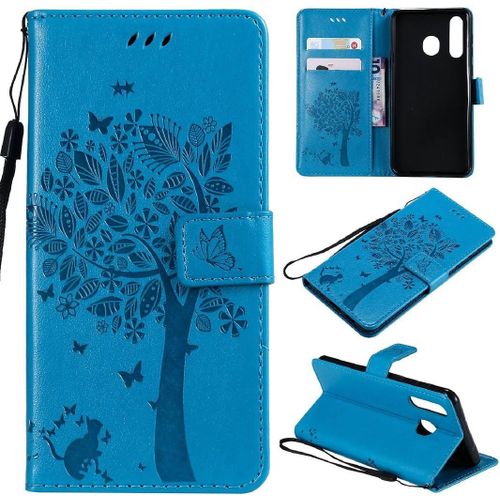 Utilisation Prévue Samsung Galaxy A8s 2018 6.4"" ,Chat Gaufré Et Arbre Flip Wallet Free Strap Design Avec Fente Pour Carte De Soutien
