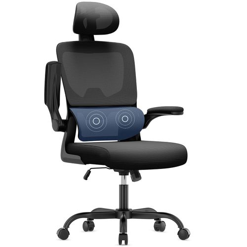 Chaise De Bureau, Chaise Ergonomique, Fauteuil De Bureau Dossier Haut, Avec Accoudoirs Rabattables, Soutien Lombaire, Chaise Avec Appuie-Tête, Noir