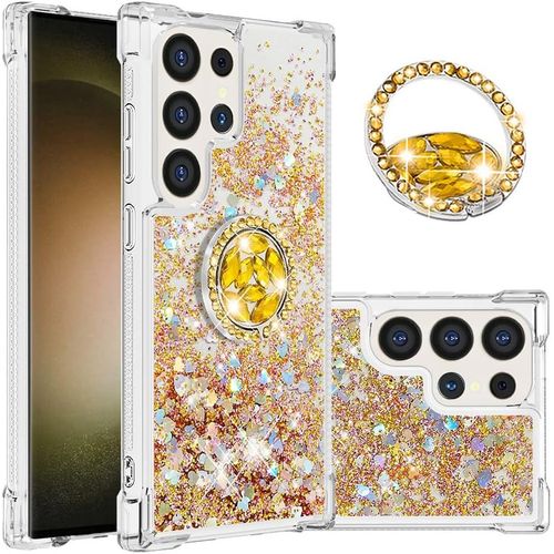 Pour Samsung Galaxy S24 Ultra Coque, Fille Silicone Paillette Bling Glitter De Luxe Avec Support, Liquide Gel Housse Etui De Protection Pour Galaxy S24 Ultra Case.Ybp Coeur Jaune