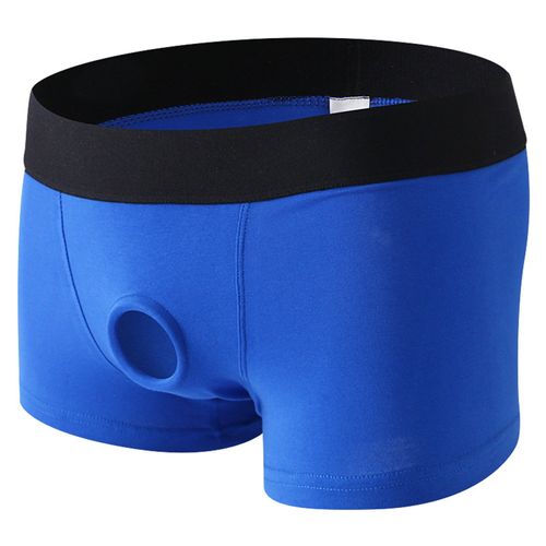 Clever-Menmode Hommes Caleçons Pénis Poche Ouverte Trou Boxer Shorts Cockring Culottes Sous-Vêtements En Coton Boxershorts Hombre - Type Blue-L