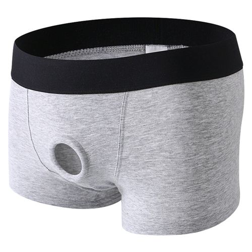 Clever-Menmode Hommes Caleçons Pénis Poche Ouverte Trou Boxer Shorts Cockring Culottes Sous-Vêtements En Coton Boxershorts Hombre - Type Gray-L