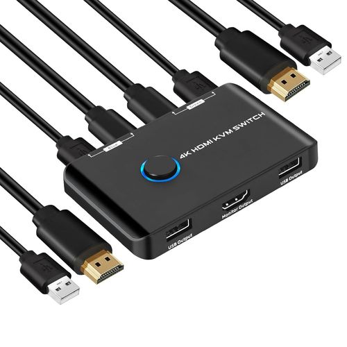 MONDODIGITALE-4K@60Hz Commutateur Kvm Switch Hdmi 2 Port, Switch Kvm Hdmi Usb Pour Brancher 2 Pc Sur 1 Écran & 2 Périphériques Usb2.0, Avec 2 Câbles Usb Et 2 Câbles Hdmi
