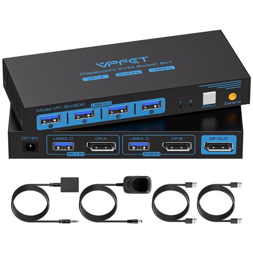 MONDODIGITALE-8K60Hz Displayport Kvm Switch 2 Pc 1 Monitor Usb 3.0 Commutateurs Kvm Pour 2 Ordinateurs Partagent 1 Écrans Et 4 Périphériques Usb, Télécommande Filaire Adaptateur 12V Dc Inclus