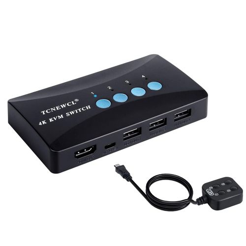 MONDODIGITALE-4K Commutateur Kvm Switch 4 Port, Switch Kvm Hdmi Usb Pour Brancher Max 4 Pc Sur 1 Écran Et 3 Périphériques Usb, Avec Contrôleur De Bureau Et 4 Câbles Kvm 2-En-1