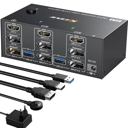 MONDODIGITALE-Commutateur Kvm Triple Moniteurs 2 Displayport + Hdmi, 8K@60Hz Kvm Switch 4K@144Hz, Usb 3.0 Kvm Switch 2 Pc 3 Moniteurs, Kvm Switch Displayport 1.4 + Hdmi 2.1 Pour 2 Pc Partagez Souris,