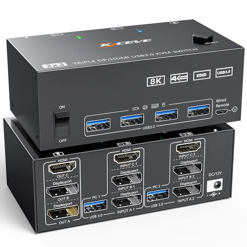 MONDODIGITALE-Commutateur Kvm 3 Moniteurs 2 Ordinateurs 8K@60Hz 4K@144Hz, Hdmi + 2 Displayport Kvm Switch Triple Moniteur Pour 2 Ordinateurs Partagés 3 Moniteurs Et 4 Appareils Usb 3.0, Télécommande
