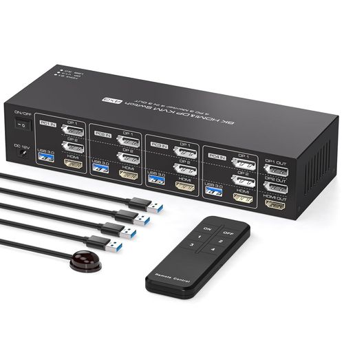 MONDODIGITALE-Hdmi+2 Displayport Kvm Switch 4 Pc 3 Monitors 8K60Hz 4K144Hz Commutateurs Kvm Usb Pour 4 Pc Partager 3 ¿¿Cran Et 1 Jeu De Clavier Et De Souris Support Du Mode ¿¿Tendu T¿¿L¿¿Commande Ir