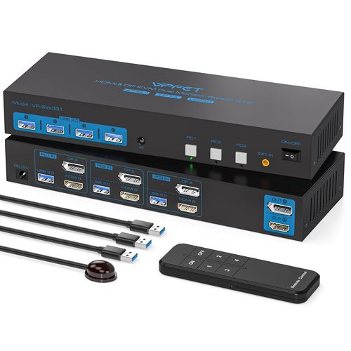 MONDODIGITALE-Commutateur Kvm Hdmi Displayport 3 Pc 2 Moniteurs 4K60Hz Usb 3.0 Kvm Switch 2 Moniteurs Dp1.4 Pour 3 Pc Avec 4 Périphériques Usb 3.0 Pour Clavier, Souris, Imprimante, Scanner Et U-Disk