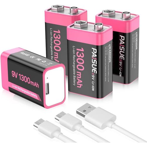 MONDODIGITALE-Piles 9V Rechargeables, 1300Mah Haute Capacité Lithium-Ion 9 Volt Piles Carrées Avec Port De Charge Usb-C Rapide (Pack De 4)