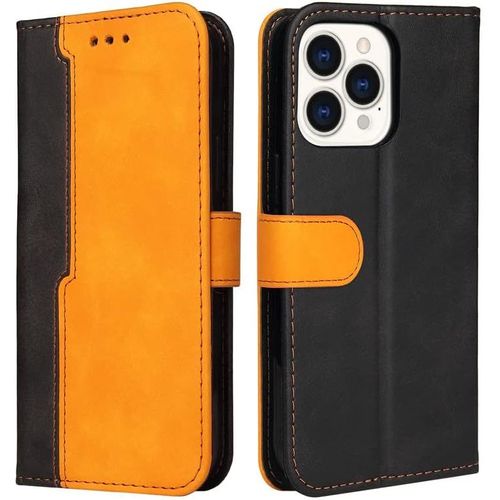 Coque Pour Iphone 13 Étui En Cuir Véritable Portefeuille Housse Rfid Blocage Avec Rangements Cartes Et Fermoir Magnétique Pour Iphone 13 Orange