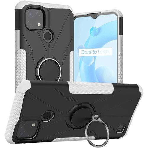 Coque Pour Realme C21 Coque Housse Protection Case Avec 360 Degrés Rotation Ring Holder Stand Pour Support Voiture Magnetique Étui De Antichoc À Double Couche Blanc