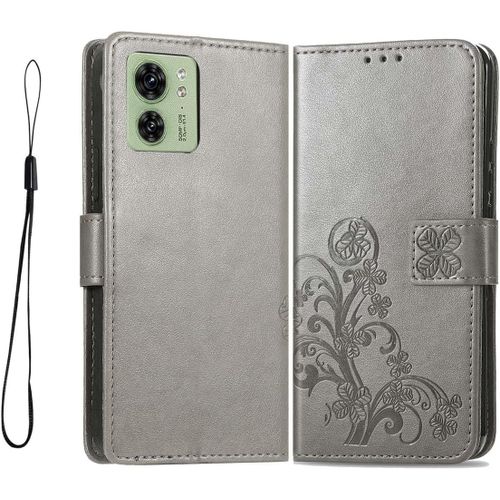 Coque Pour Motorola Edge 40, Pu Cuir Housse Tpu Flip Portefeuille Etui Avec Carte Fente & Stand Fonction & Motif Relief, Magnétique Protection Case Cover, Grise