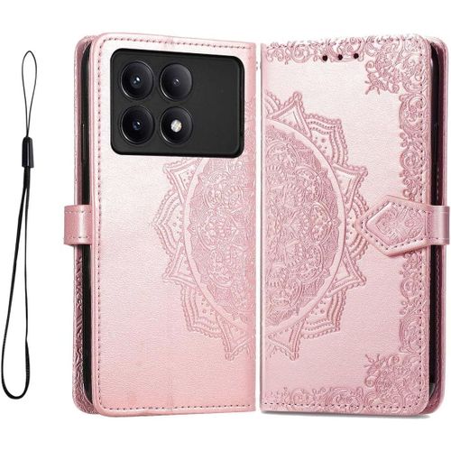 Coque Pour Xiaomi Poco X6 Pro, Pu Cuir Housse Tpu Flip Portefeuille Etui Avec Carte Fente & Stand Fonction & Motif Relief, Magnétique Protection Case Cover -Or Rose
