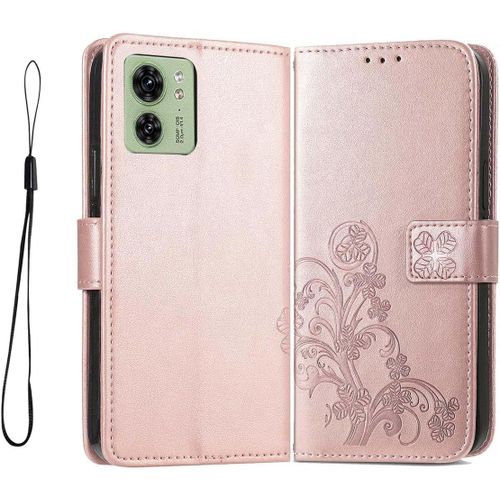 Coque Pour Motorola Edge 40, Pu Cuir Housse Tpu Flip Portefeuille Etui Avec Carte Fente & Stand Fonction & Motif Relief, Magnétique Protection Case Cover, Or Rose