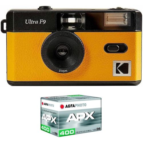 MONDODIGITALE-Pack F9 Argentique + Pellicule 400 Asa-Appareil Photo Rechargeable 35Mm Jaune, Objectif Grand Angle Fixe, Viseur Optique, Flash Intégré + Pellicule Apx 00, 36 Poses