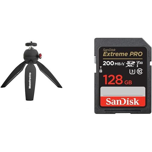 MONDODIGITALE-Pixi Trépied De Table Pour Appareil Photo Numérique, Fabriqué En Italie, Noir, Mtpiximii-B & 128 Go Extreme Pro Carte Sdxc + Rescuepro Deluxe, Jusqu'À 200 Mo/S, Uhs-I, Classe 10