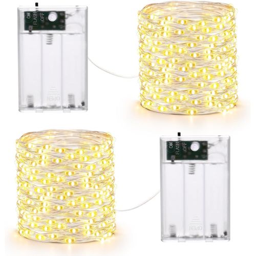 MONDODIGITALE-(Lot De 2 Guirlande Lumineuse Noël À Piles En Fil D'Argent, 10M 100 Led Lumière Blanc Chaud Avec 2 Modes, Micro Led Décoration Intérieure Extérieure Pour Fêtes De Noël, Mariage, Soirée