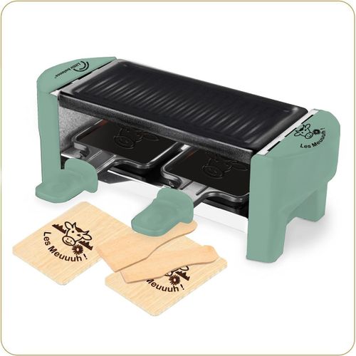 SHILIU-8746 Raclette 2 Meuuuh...!, Appareil à raclette 1/2 personnes, Grill amovible, 2 spatules + 2 planchettes, Sans PFAS, Antiad[
