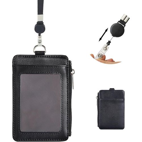 Lbgwp60 Porte Badge Retractable Titulaires De Laissez-Passer De Bus En Cuir Artificiel Porte-Carte De Crédit À Trois Poches Portefeuille À Fermeture À Glissière Frauen Männer (Noir)