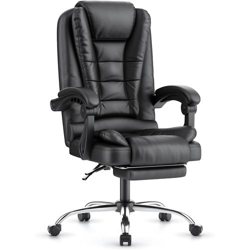 Fauteuil De Bureau Avec Repose-Pieds Télescopique, Chaise De Bureau Ergonomique, Inclinable Et Hauteur Réglable, Roulette Silencieuse, Noir