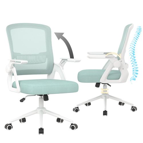 Chaise Bureau Ergonomique Avec Accoudoirs Pliants, À Hauteur Réglable Chaise De Bureau, Ergonomique En Maille Respirante Avec Soutien Lombaire, Roulette Pivotant À 360°, Vert