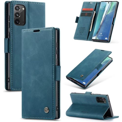 Etui Coque Pour Samsung Galaxy Note20,Protection Housse En Cuir Pu Portefeuille Livre, Emplacements Cartes , Fonction Support , Languette Magnétique ,Bleu Vert