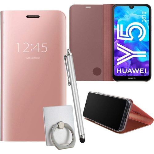 Coque Pour Huawei Y5 2019 / Honor 8s Smartphone Clear View Case Placage Miroir Effet Coque À Rabat Pu Cuir Anti Choc Housse Avec Fonction De Support - Or Rose