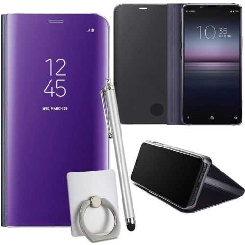 Coque Pour Sony Xperia 1 Ii Smartphone Clear View Case Placage Miroir Effet Coque À Rabat Pu Cuir Anti Choc Housse Avec Fonction De Support - Violet