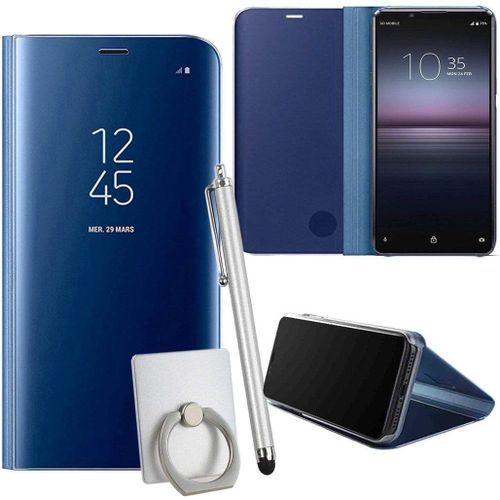 Coque Pour Sony Xperia 1 Ii Smartphone Clear View Case Placage Miroir Effet Coque À Rabat Pu Cuir Anti Choc Housse Avec Fonction De Support - Bleu