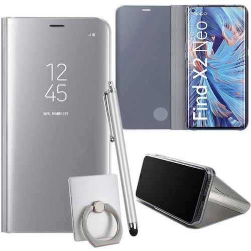 Coque Pour Oppo Find X2 Neo Smartphone Clear View Case Placage Miroir Effet Coque À Rabat Pu Cuir Anti Choc Housse Avec Fonction De Support - Argent