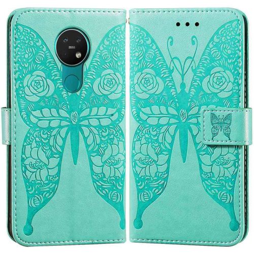 Etui En Pu Cuir Portefeuille Coque Pour Nokia 7.2 Smartphone Magnétique Flip Housse Et Fentes Cartes Stent Fonction Papillon Gaufrage-Verte
