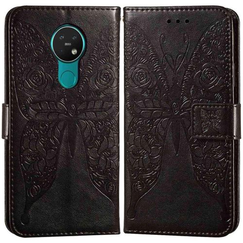 Etui En Pu Cuir Portefeuille Coque Pour Nokia 7.2 Smartphone Magnétique Flip Housse Et Fentes Cartes Stent Fonction Papillon Gaufrage-Noir