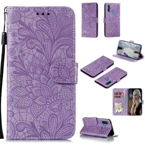Portefeuille Coque Pour Huawei Y6p Smartphone Magnétique Pu Cuir Etui Rabat Avec Fente Pour Carte Et Dragonne Dentelle Fleur Motif - Pourpre