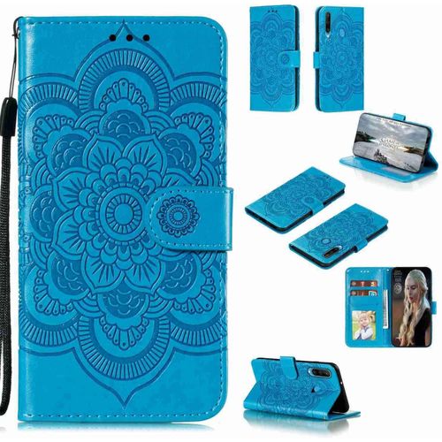 Portefeuille Coque Pour Huawei Y6p Smartphone Magnétique Pu Cuir Etui Rabat Avec Fente Pour Carte Et Dragonne Mandala Fleur Motif - Bleu