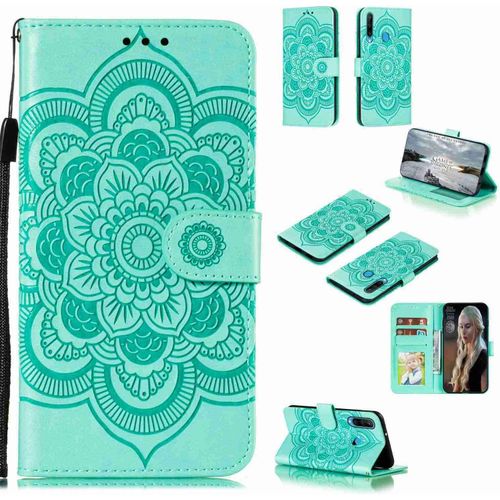 Portefeuille Coque Pour Huawei Y6p Smartphone Magnétique Pu Cuir Etui Rabat Avec Fente Pour Carte Et Dragonne Mandala Fleur Motif - Vert