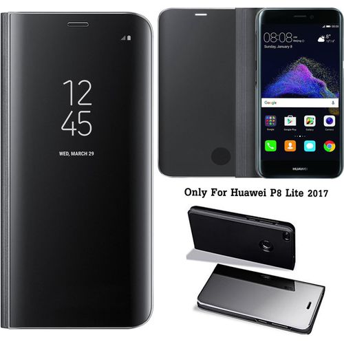 Effet Miroir Housse En Cuir Pu Pour Huawei P8 Lite 2017 / P9 Lite 2017 , Haute Qualité Clear View Smartphone Flip Cover Et Fonction Stent Étui Pour Téléphone Noir