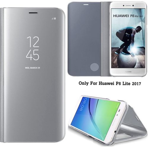 Effet Miroir Housse En Cuir Pu Pour Huawei P8 Lite 2017 / P9 Lite 2017 , Haute Qualité Clear View Smartphone Flip Cover Et Fonction Stent Étui Pour Téléphone Argent