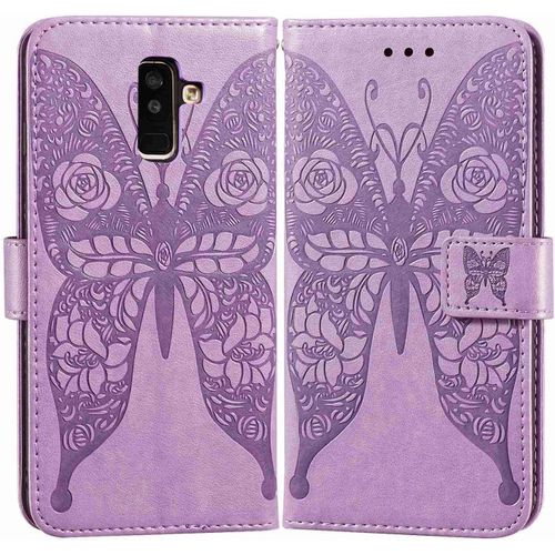 Etui En Pu Cuir Portefeuille Coque Pour Samsung Galaxy A6+ 2018/A6 Plus 2018 Smartphone Magnétique Flip Housse Et Fentes Cartes Stent Fonction Papillon Gaufrage-Pourpre