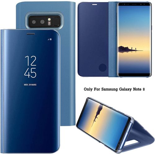 Effet Miroir Housse En Cuir Pu Pour Samsung Galaxy Note 8, Haute Qualité Clear View Smartphone Flip Cover Et Fonction Stent Étui Pour Téléphone Bleu Foncé