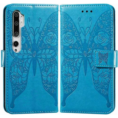 Etui En Pu Cuir Portefeuille Coque Pour Xiaomi Mi Note 10 Smartphone Magnétique Flip Housse Et Fentes Cartes Stent Fonction Papillon Gaufrage-Bleu