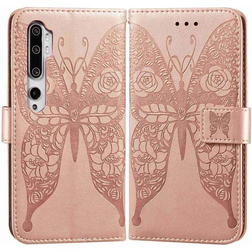 Etui En Pu Cuir Portefeuille Coque Pour Xiaomi Mi Note 10 Smartphone Magnétique Flip Housse Et Fentes Cartes Stent Fonction Papillon Gaufrage-Or Rose