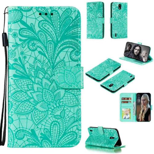 Portefeuille Coque Pour Nokia 1.3 Smartphone Magnétique Pu Cuir Etui Rabat Avec Fente Pour Carte Et Dragonne Dentelle Fleur Motif - Vert