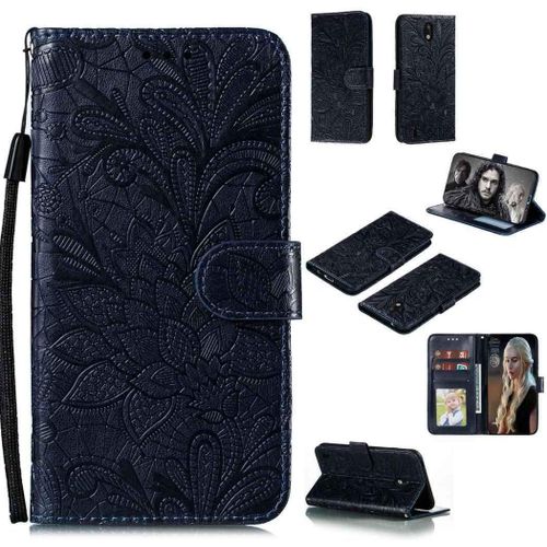 Portefeuille Coque Pour Nokia 1.3 Smartphone Magnétique Pu Cuir Etui Rabat Avec Fente Pour Carte Et Dragonne Dentelle Fleur Motif - Bleu Foncé