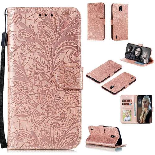 Portefeuille Coque Pour Nokia 1.3 Smartphone Magnétique Pu Cuir Etui Rabat Avec Fente Pour Carte Et Dragonne Dentelle Fleur Motif-Or Rose