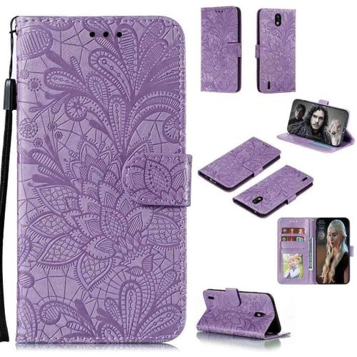 Portefeuille Coque Pour Nokia 1.3 Smartphone Magnétique Pu Cuir Etui Rabat Avec Fente Pour Carte Et Dragonne Dentelle Fleur Motif-Pourpre