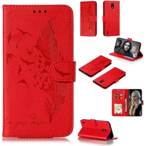 Portefeuille Coque Pour Nokia 1.3 Smartphone Magnétique Pu Cuir Etui Rabat Avec Fente Pour Carte Book Housse Plume Embossée Motif-Rouge