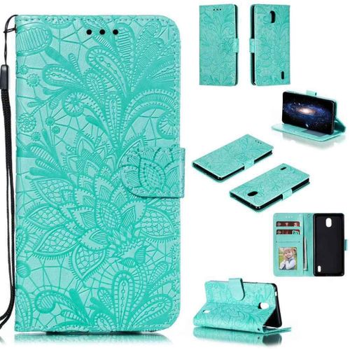 Portefeuille Coque Pour Nokia 1 Plus Smartphone Magnétique Pu Cuir Etui Rabat Avec Fente Pour Carte Et Dragonne Dentelle Fleur Motif - Vert