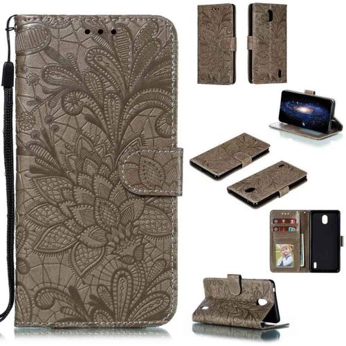 Portefeuille Coque Pour Nokia 1 Plus Smartphone Magnétique Pu Cuir Etui Rabat Avec Fente Pour Carte Et Dragonne Dentelle Fleur Motif-Gris