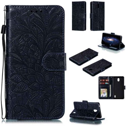 Portefeuille Coque Pour Nokia 1 Plus Smartphone Magnétique Pu Cuir Etui Rabat Avec Fente Pour Carte Et Dragonne Dentelle Fleur Motif-Bleu Foncé