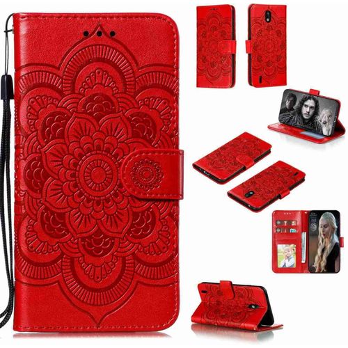 Portefeuille Coque Pour Nokia 1.3 Smartphone Magnétique Pu Cuir Etui Rabat Avec Fente Pour Carte Et Dragonne Mandala Fleur Motif - Rouge